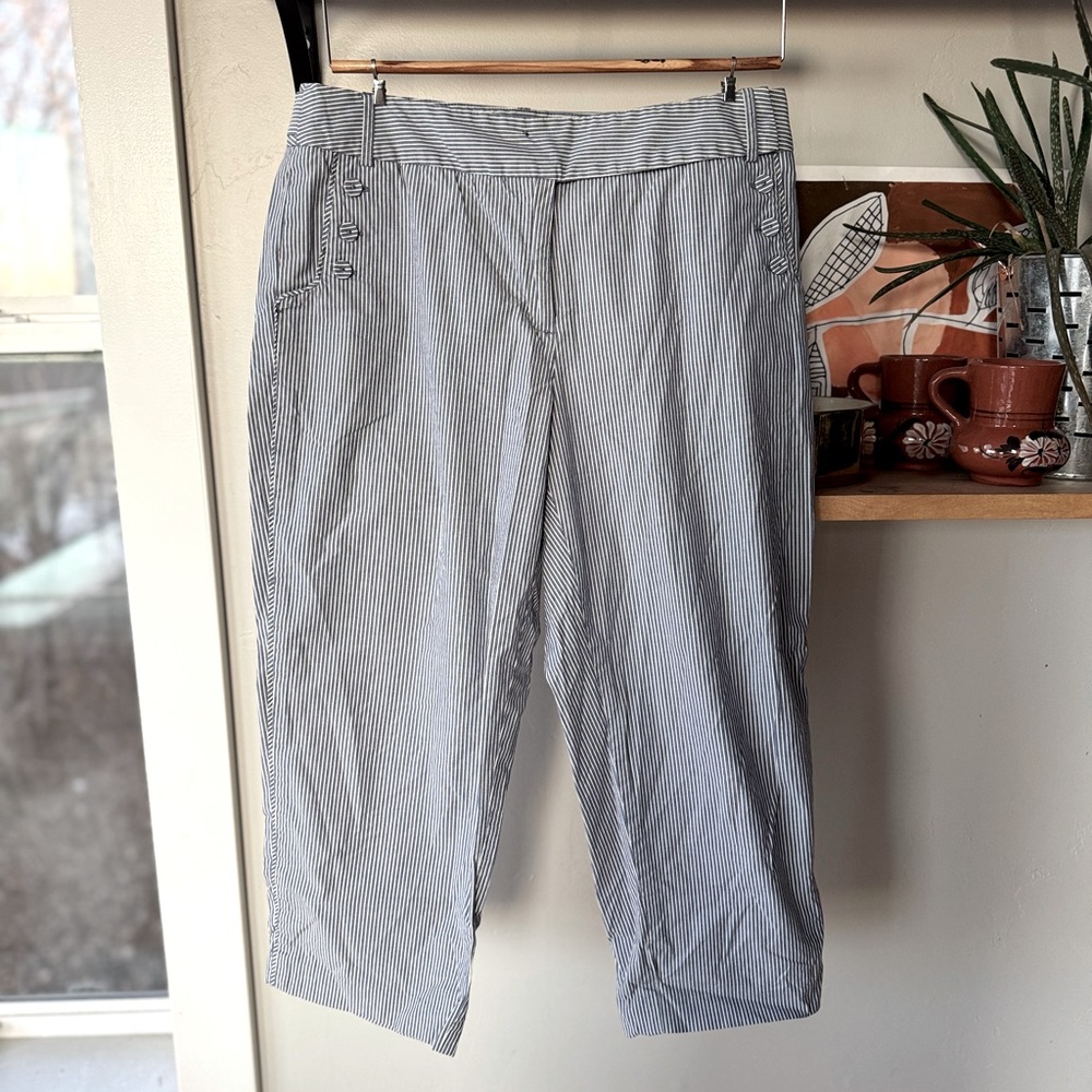 Talbots Blue White Railroad Stripe Button Front Culottes Wide Leg Ankle Pants 10